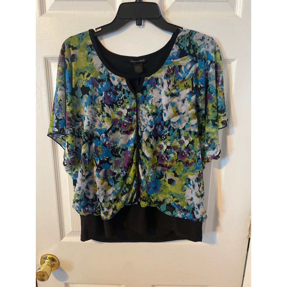 Susan Lawrence Womens‎ XL Floral Layered Blouse Blue Green Purple Flutter Sleeve